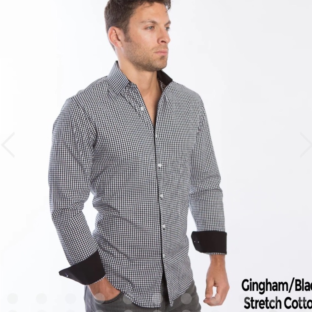 Bugatchi Black & White Gingham Dress Shirt with Contrast Black Cuffs